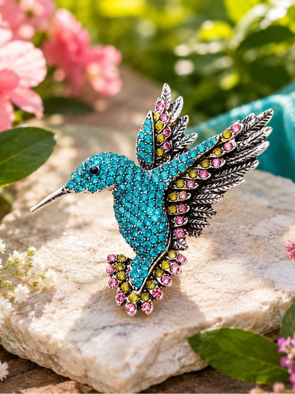 Stunning New Sparkly Teal Hummingbird Brooch (2” Tall x 1.75” Wide) (Version D)